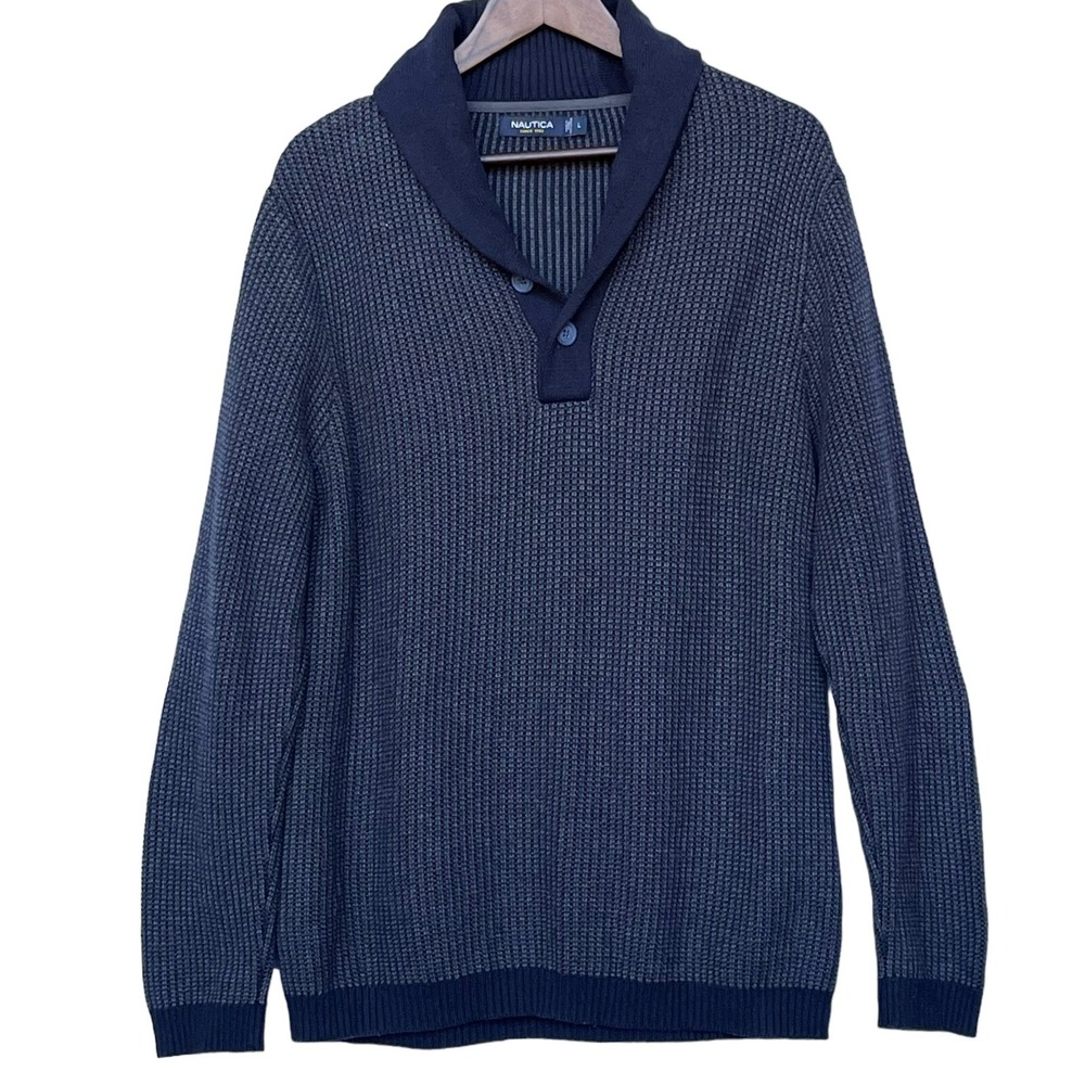 Nautica Shawl Collar Sweater Mens Large Navy Blue Waffle Knit Cotton Excellent
